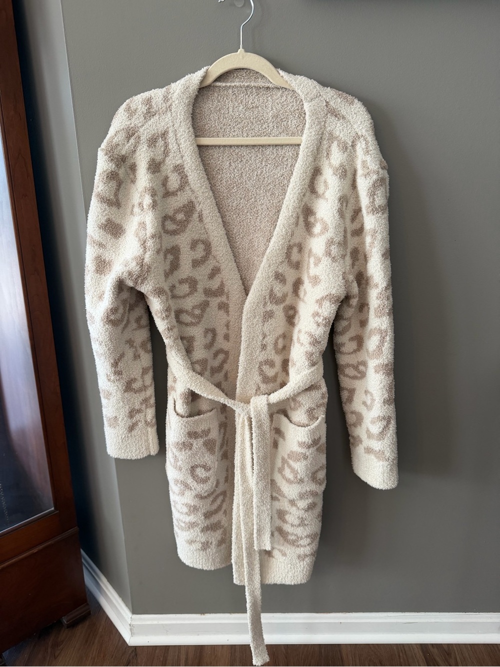 Cream Leopard-Print Belted Knit Cardigan